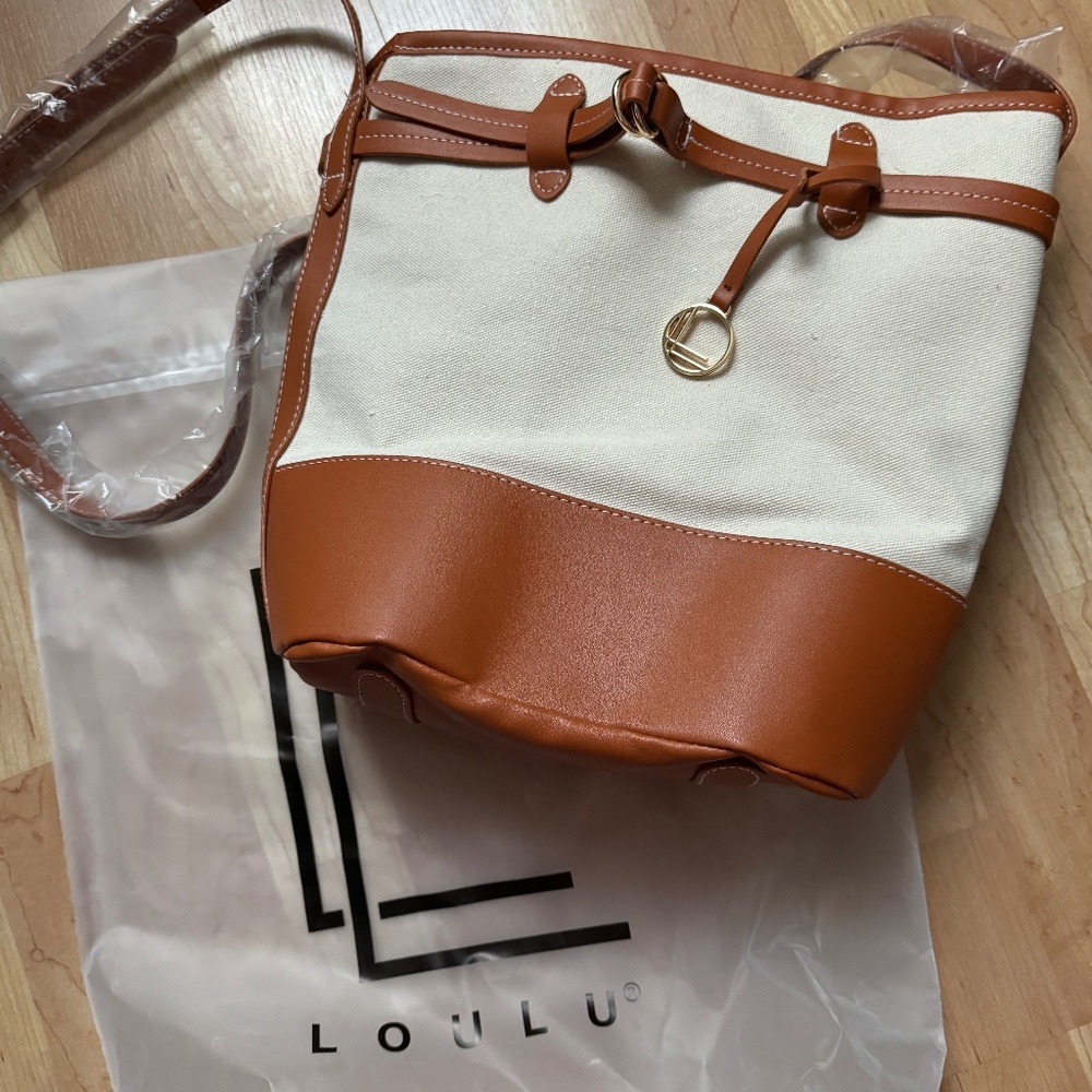 Loulu Large Shoulder Tote Crossbody Bag - Canvas with Brown Faux Leather Accents
